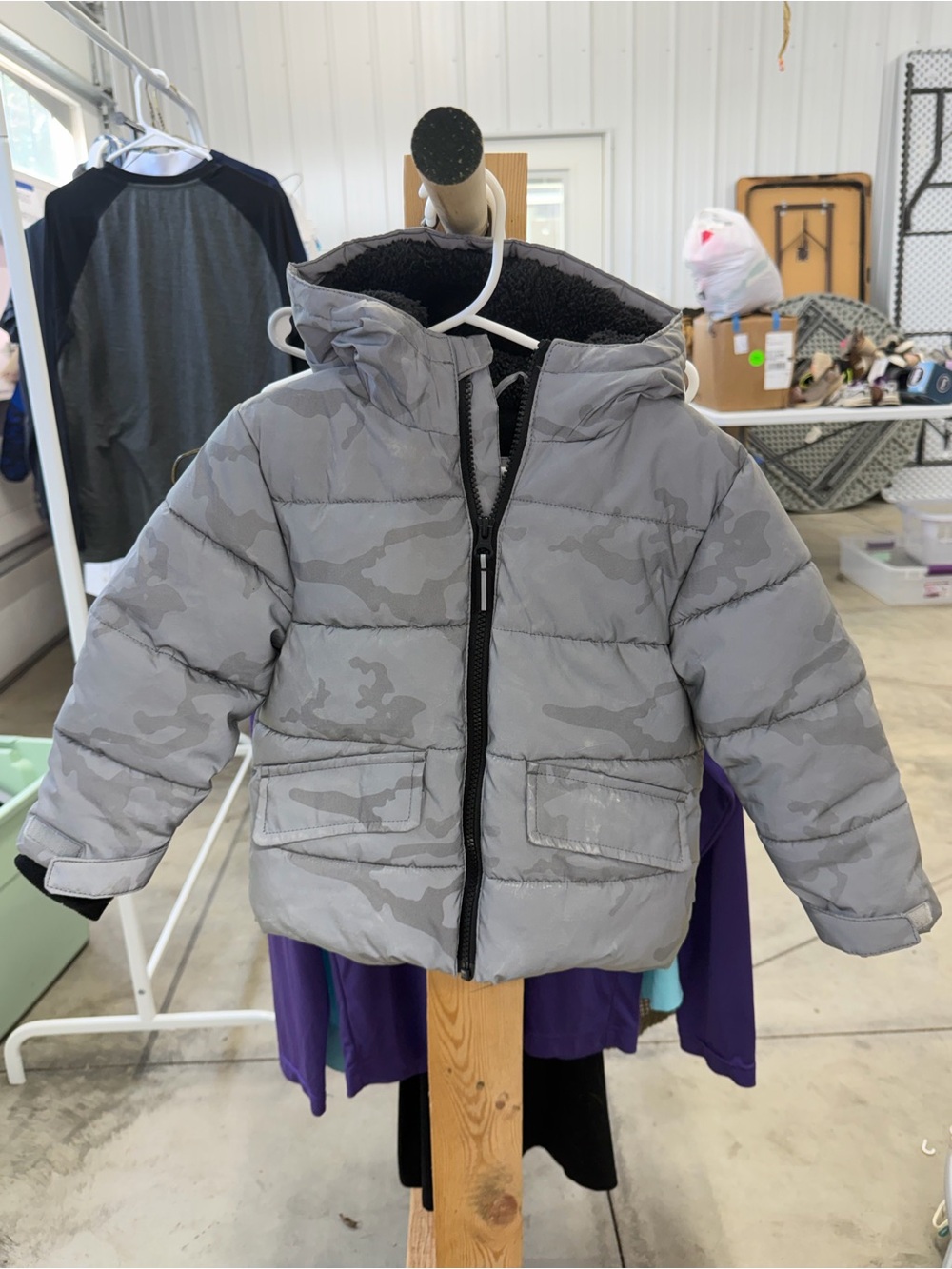 Kids Gray Camouflage Puffer Jacket with Hood